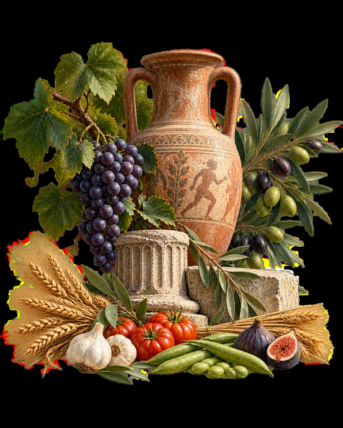 Anfora antica, uva e frutti della terra