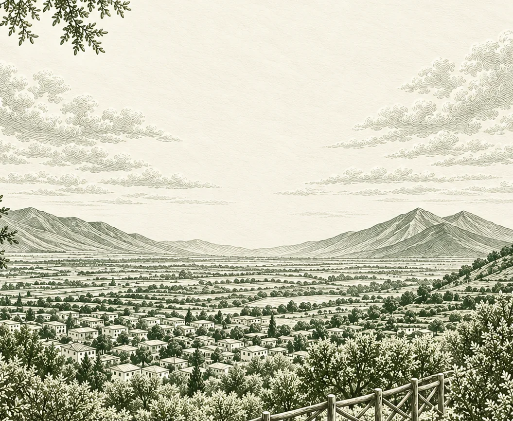 Incisione della collina con gli ulivi e il Vesuvio