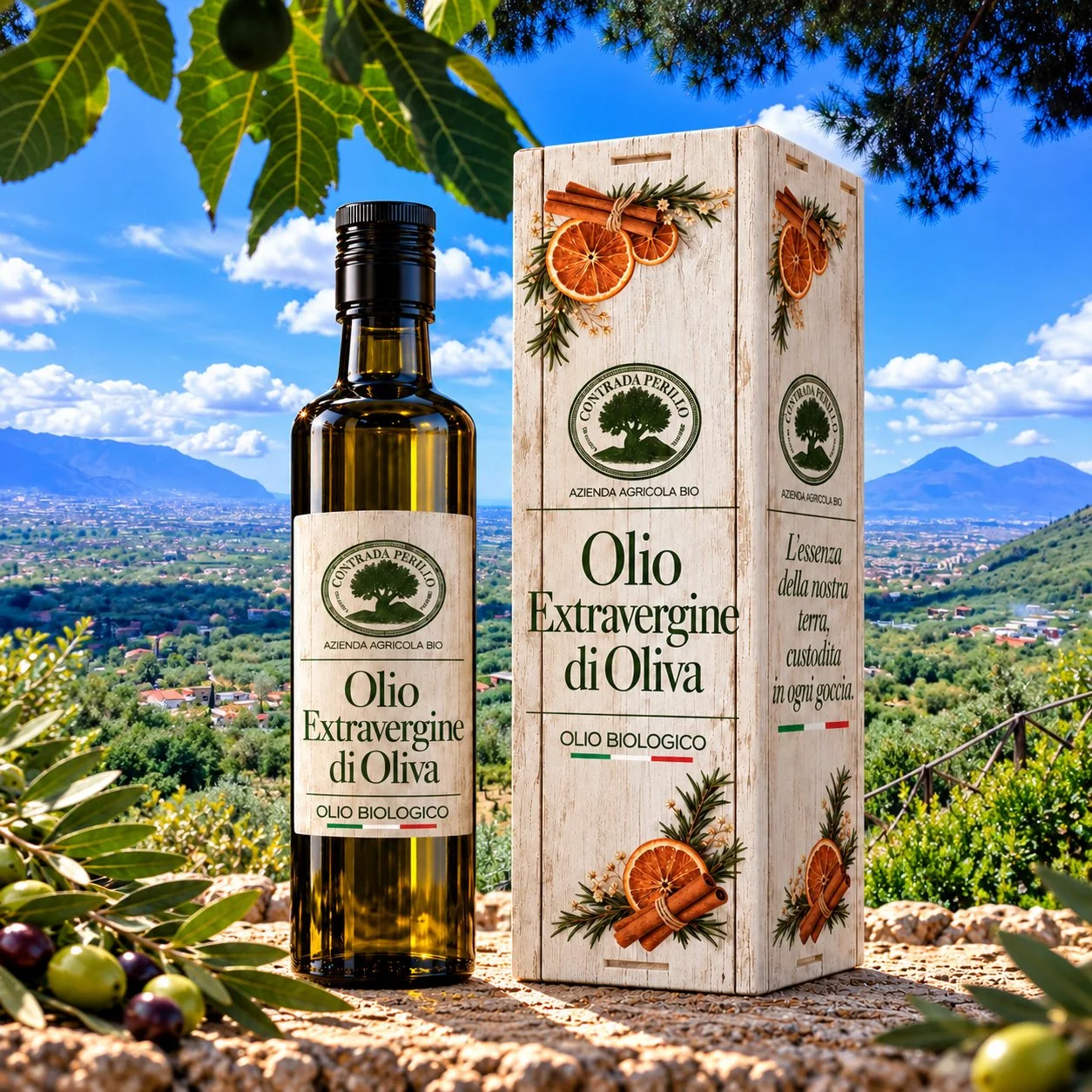 Bottiglia di olio extravergine biologico tra gli ulivi