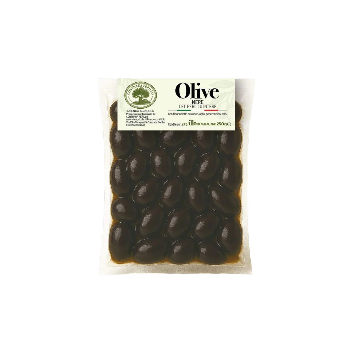 Bottiglia di olive nere intere morbide condite con finocchietto selvatico, aglio, peperoncino e olio